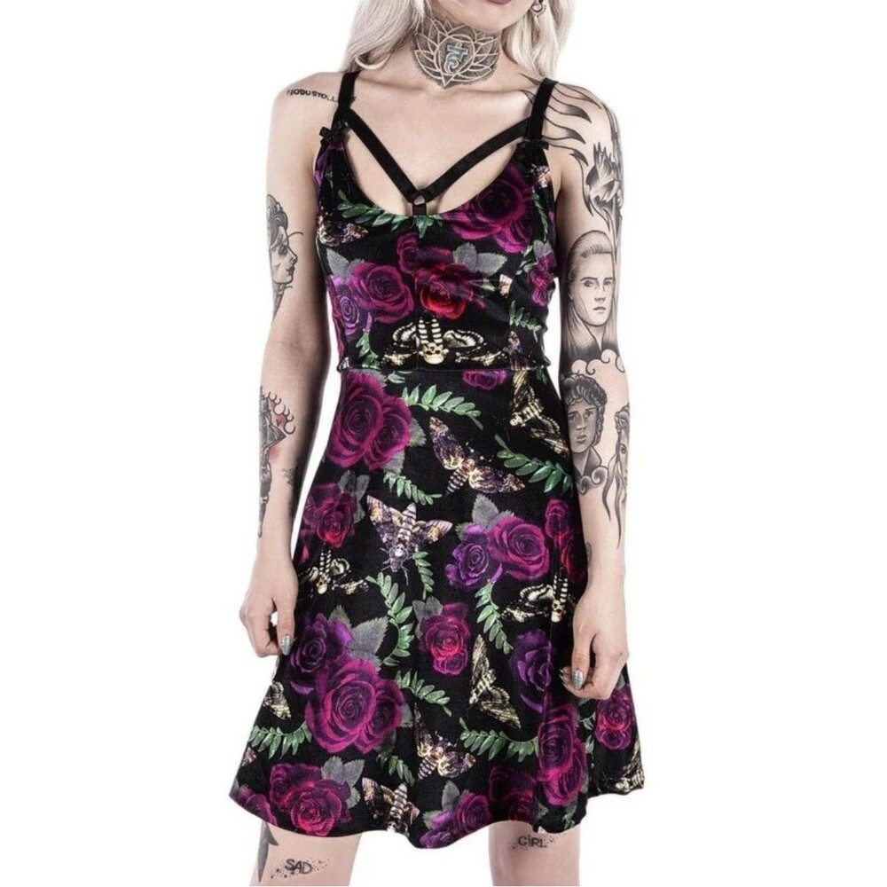 KILLSTAR Lydia Nightlife Velvet Dress Medium Gothic Moth Rose Pentagram Bow